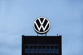 VW logo on the brand tower at the Group headquarters in Wolfsburg, 29/09/2024. The Volkswagen Group