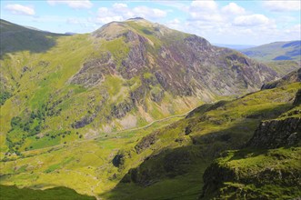 Looking down to Llanberis Pass from Mount Snowdon, Gwynedd, Snowdonia, north Wales, UK