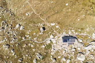 Aerial view of mountain hut Binntal, Binntal cabin, Valais, Switzerland, Europe