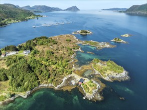 Coastal landscape on the Stadlandet peninsula, salmon farm in the back, Vestland, Norway, Europe