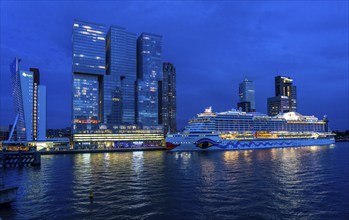 Rotterdam, skyline at the Nieuwe Maas, skyscrapers at the Kop van Zuid district, cruise ship Aida