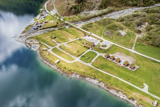 Aerial panorama view over a campsite at lake Oldevatn, early spring, Norway, Europe