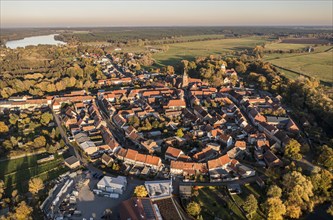 Aerial view of village Lenzen at sunset, Brandenburg, Germany, Europe