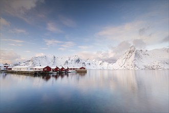 Rorbuer huts of Hamnoy at the fjord, snowy mountains in the background, Hamnøy, Reine, Moskenesøya,