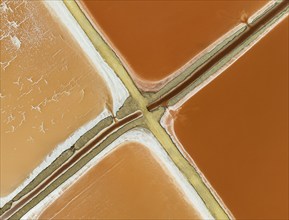 Saline ponds at the Bonanza salt works near Sanlúcar de Barrameda. The reddish colour depends on