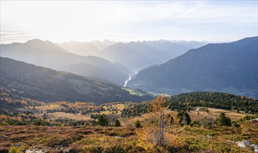 View of the mountain panorama and the Upper Inn Valley in the morning light, Krahberg on the Venet