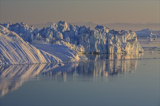 Icebergs and ice floes reflected in the water, summer, midnight sun, Jakobshavn glacier and ice