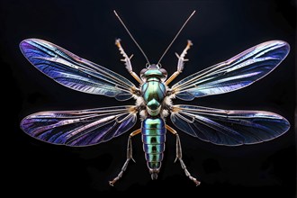 Macro of a green lacewing (Chrysoperla carnea), showing its iridescent wings, thin legs, and