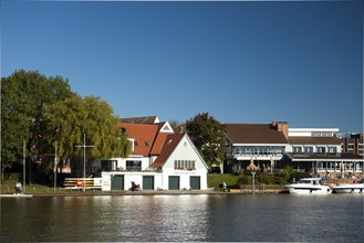 Leisure harbour, moorings, motorboats, Leer, East Frisia, Germany, Europe