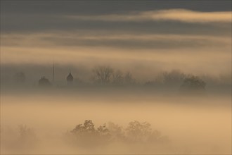 Foggy mood, fog, morning light, backlight, church tower, autumn, Loisach-Lake Kochel moor, view of