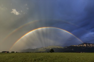 Rainbow, sunbeams, reflection, cloudy mood, evening light, summer, Loisach-Lake Kochel moor,