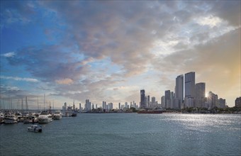 Colombia, scenic Cartagena bay Bocagrande and panorama of city skyline at sunset, South America