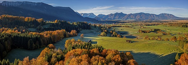 Aerial view of a mountain landscape in autumn, trees, morning light, panorama, view of Zugspitze