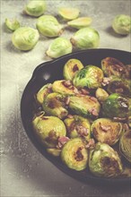 Roasted brussels sprouts, with bacon, vegetarian food, homemade, no people