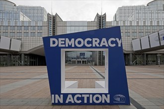 Democracy in action, entrance to the Altiero Spinelli building, European Parliament, Brussels,