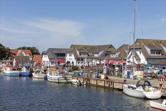 Boats at the harbour in front of small restaurants and shops under a blue sky in summer, Rügen,