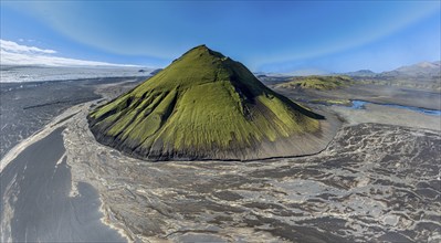 Aerial view, Mælifell mountain covered with moss, Maelifell, black sand desert Mælifellssandur,