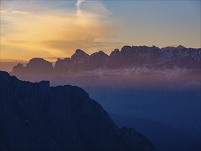 Sella Group in the first sunlight, Val Gardena, Dolomites, South Tyrol, Italy, Europe