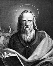 Portrait of St Lucas, St Luke the Evangelist, halo, ox, book, Bible, historical illustration 1854