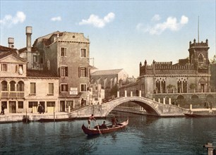 Bridge and canal, Venice, Italy, Historic, digitally restored reproduction from a 19th century