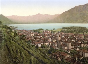 View of the town of Locarno in Ticino in Switzerland, Historical, digitally restored reproduction