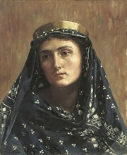 A portrait of a woman with a veil and golden headdress, looking thoughtfully into the distance.