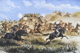 Indians attack a stagecoach transporting the US mail across the prairie in the 1860s. From American