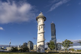 Danube Island Lighthouse, Danube Tower, Danube City and in Vienna, Austria, Europe