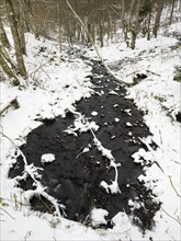 Hill Stream, the Schwartzbach, in snow and ice in November. The Rhön UNESCO Biosphere nature