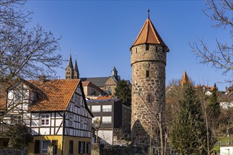 Town view with towers of the town wall and St Peter's Cathedral, Fritzlar, Schwalm-Eder district,