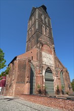 Tower of St Mary's Church, 14th century Gothic brick building, ship severely damaged in the Second