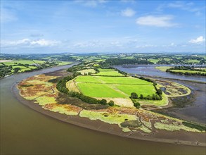 River Tamar over Pentillie Castle from a drone, Paynters Cross, St Mellion, Cornwall, England,