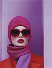 Supermodel, minimalistic, in red and purple, outfit, sunglasses, headdress, famous designer,