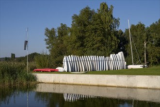 Surfboards standing next to each other in a stand on the Achterwasser, Ückeritz, Usedom Island,