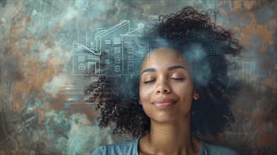 Smiling young african american woman daydreaming with her eyes closed visualizing A new house.