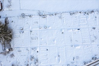 Allotment gardens in winter, near Gelting, in winter drone shot, Upper Bavaria, Bavaria, Germany,