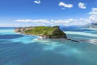 Praia a Mare from a drone, Tyrrhenian Sea, Cosenza, Calabria, Italy, Europe