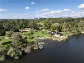 Aerial view of the lido with catering at the natural bathing lake Böhringer See, Böhringen,