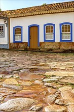 Cobblestone street and colonial architecture houses in the historic city of Tiradentes in Minas