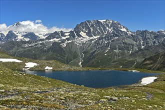 Grand Lé mountain lake and Mont Velan peak in the Valais Alps, Bourg-Saint-Pierre, Valais,