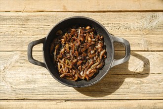 Top view of caramelized onion in cast iron frying pan