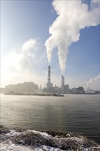 BASF plant site on the Rhine, chemical company, foggy mood, Ludwigshafen, snow,