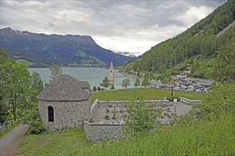 Lake Reschen, municipality of Graun, Vinschgau Valley, South Tyrol, Italy, Europe