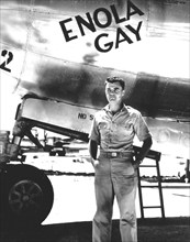 World War II: Paul Tibbets stands in front of the B-29 Enola Gay, the plane he piloted to Hiroshima