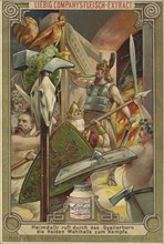 Series of pictures Norse divine legend, Heimdallr calls the heroes of Wallhall to battle with the