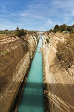 Construction work in the Corinth Canal, restoration after landslide, view of construction cranes,