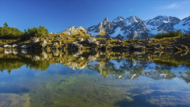 Panorama of Lake Gugger See, central main ridge of the Allgäu Alps, Allgäu, Bavaria, Germany,