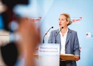 Alice Weidel, AfD parliamentary group leader, at a press statement in Berlin, 23 April 2024,