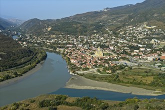 The village of Mtskheta with the Svetitskhoveli Cathedral at the confluence of the Kura and Aragvi