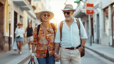 Senior happy smiling couple enjoy Caribbean vacation while walking down colorful colonial streets.,